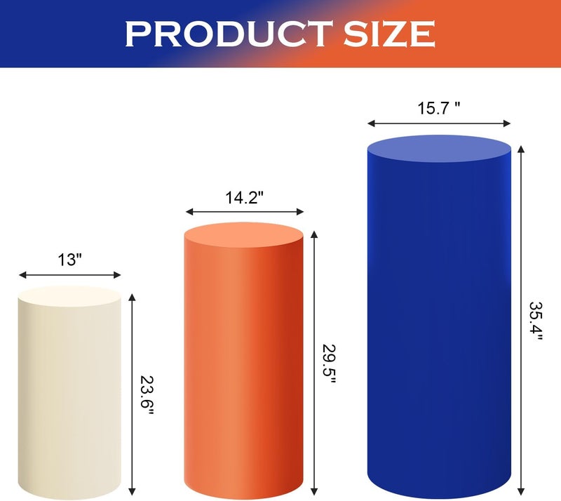 SaitiMade Set of 3 Beige Orange Blue Cylinder Pedestal Stand Covers, 3pcs Spandex Mixed Colors Cylinder Stand Covers for Party, Wedding or Birthday Event Decor (Only Contains Colorful Cylinder Covers) - Image 2
